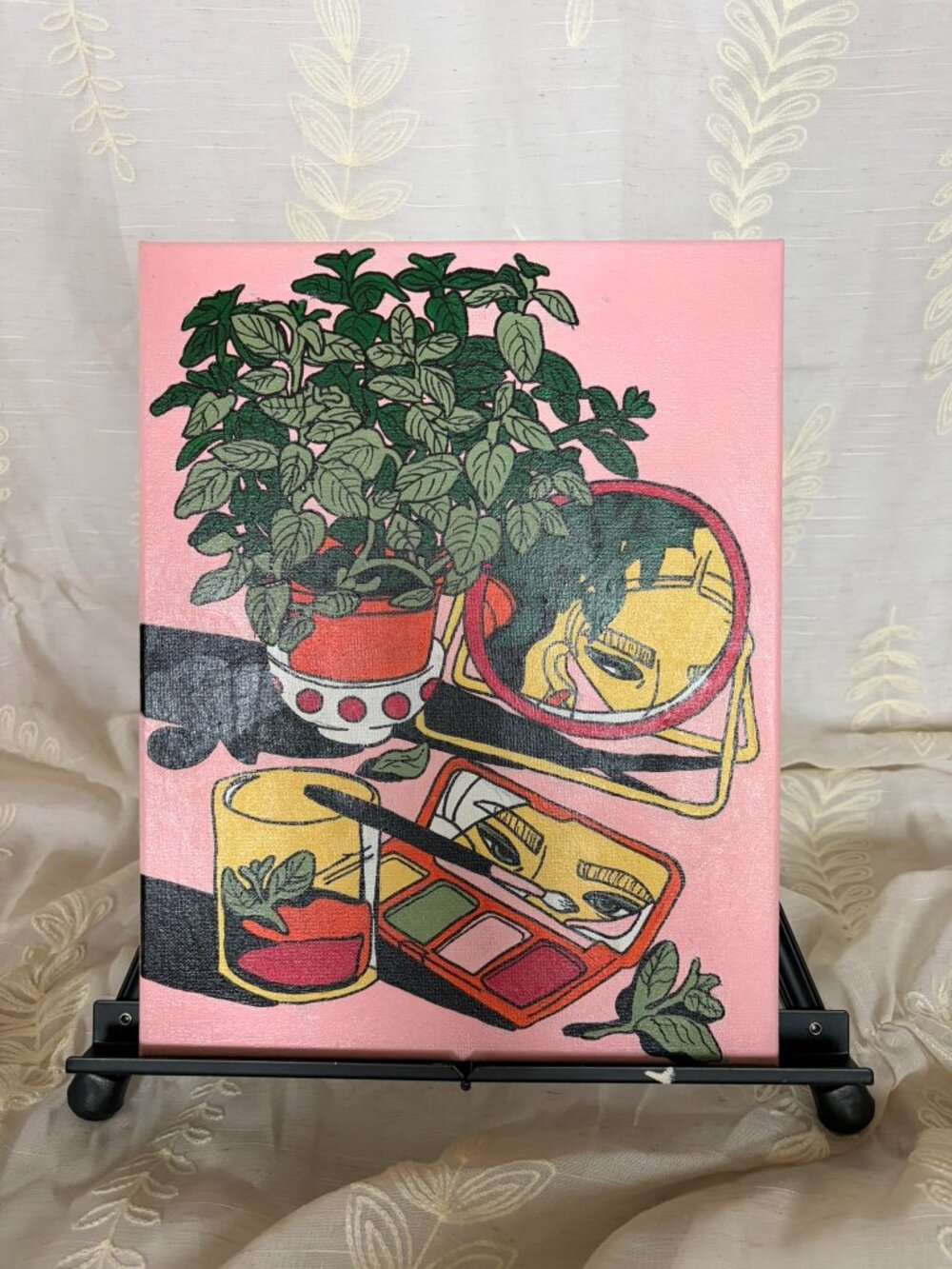 Hand Painted Pink Vanity Plant Acrylic Canvas Eclectic Wall Art 11x14